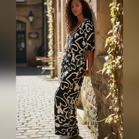 farm by Anthropologie Pants - Farm By Anthropologie Woven Black & White Sineard Heart-Print Jumpsuit Size S